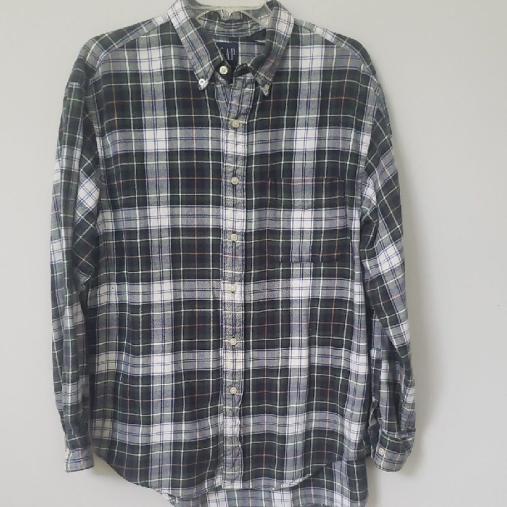 GAP Shirt Mens L Flannel Blue Green White Tartan Plaid Button Down Cabincore